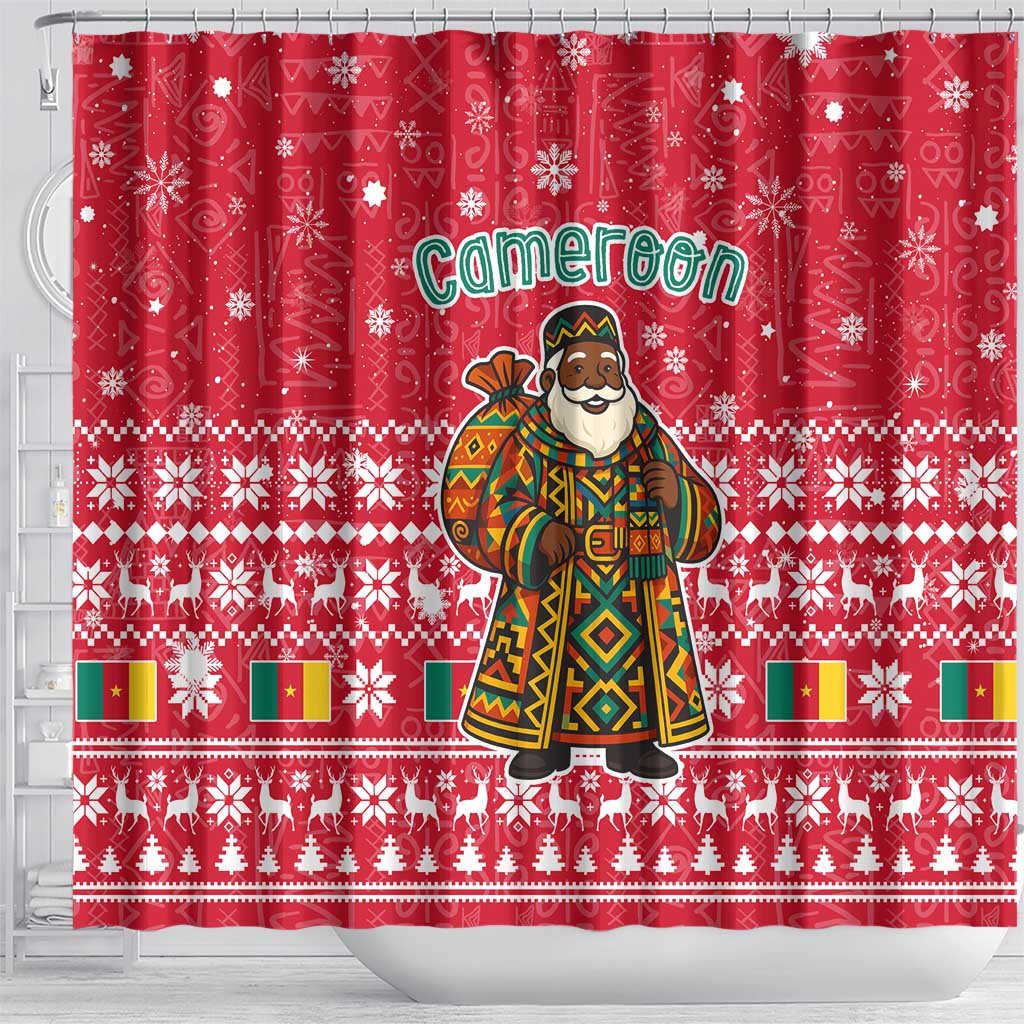 Cameroon Christmas Shower Curtain with Red Snowflake Pattern Traditional Santa and Map Motif - Wonder Print Shop