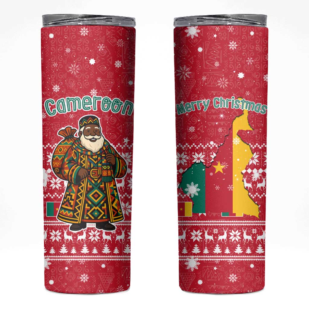 Cameroon Christmas Skinny Tumbler with Red Snowflake Pattern Traditional Santa and Map Motif - Wonder Print Shop