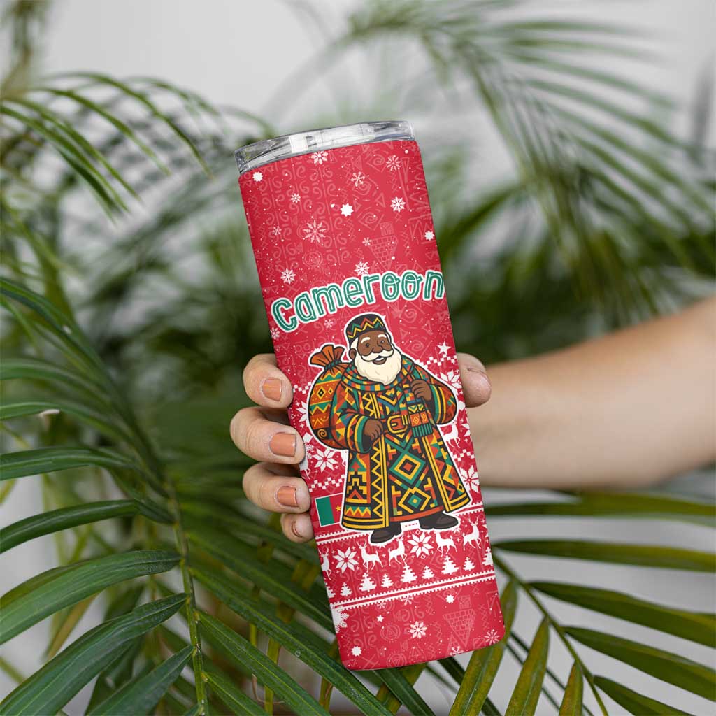 Cameroon Christmas Skinny Tumbler with Red Snowflake Pattern Traditional Santa and Map Motif - Wonder Print Shop