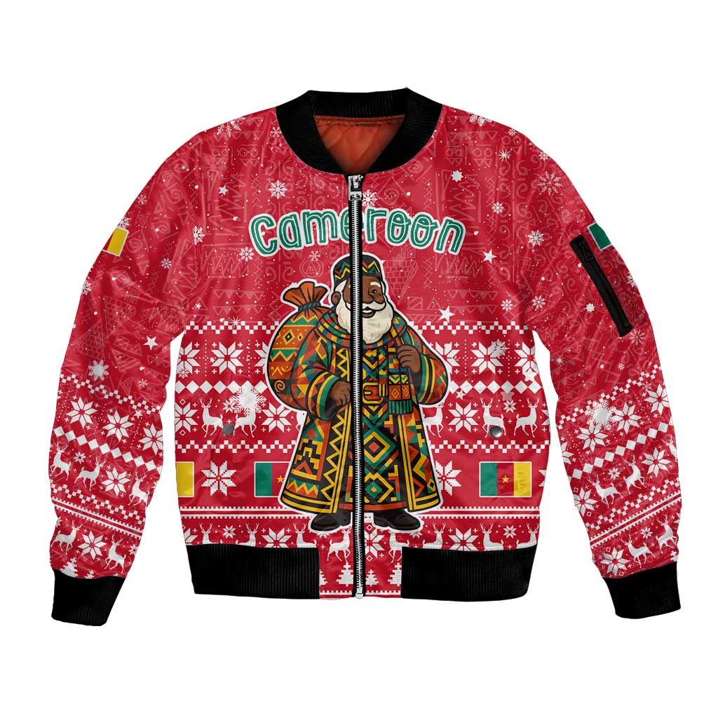 Cameroon Christmas Sleeve Zip Bomber Jacket with Red Snowflake Pattern Traditional Santa and Map Motif - Wonder Print Shop