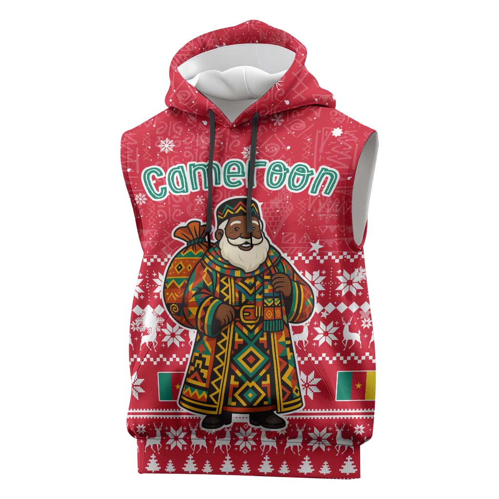 Cameroon Christmas Sleeveless Hoodie with Red Snowflake Pattern Traditional Santa and Map Motif - Wonder Print Shop