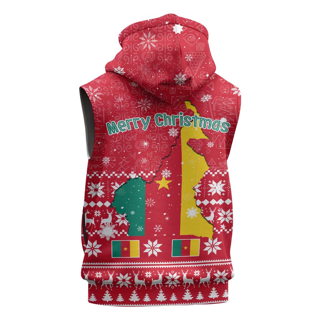 Cameroon Christmas Sleeveless Hoodie with Red Snowflake Pattern Traditional Santa and Map Motif - Wonder Print Shop