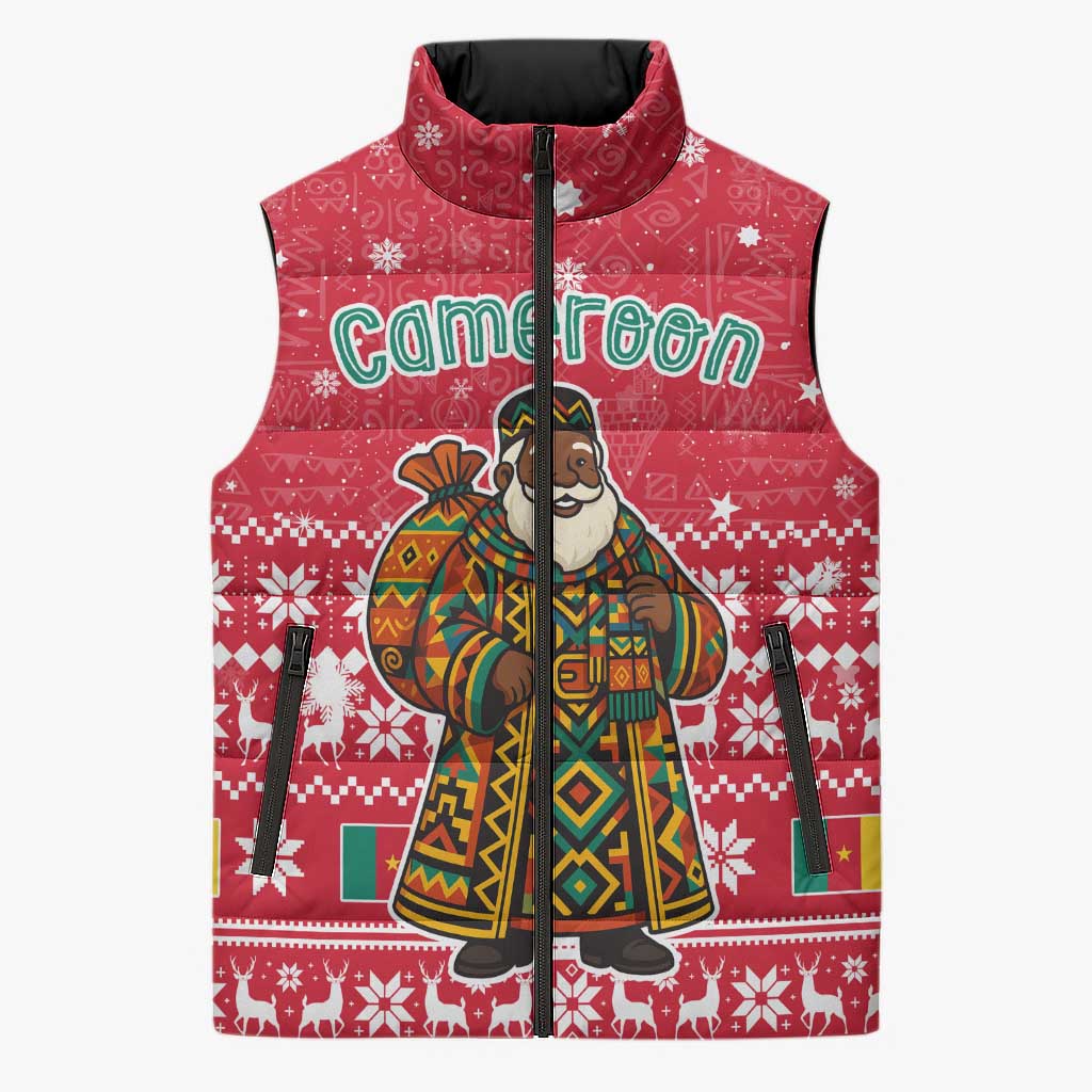 Cameroon Christmas Sleeveless Puffer Jacket with Red Snowflake Pattern Traditional Santa and Map Motif - Wonder Print Shop