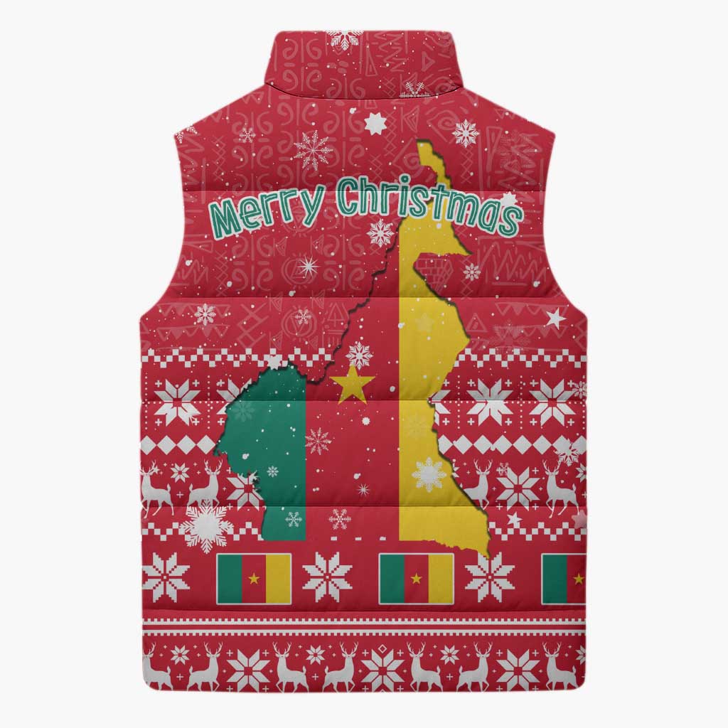 Cameroon Christmas Sleeveless Puffer Jacket with Red Snowflake Pattern Traditional Santa and Map Motif - Wonder Print Shop