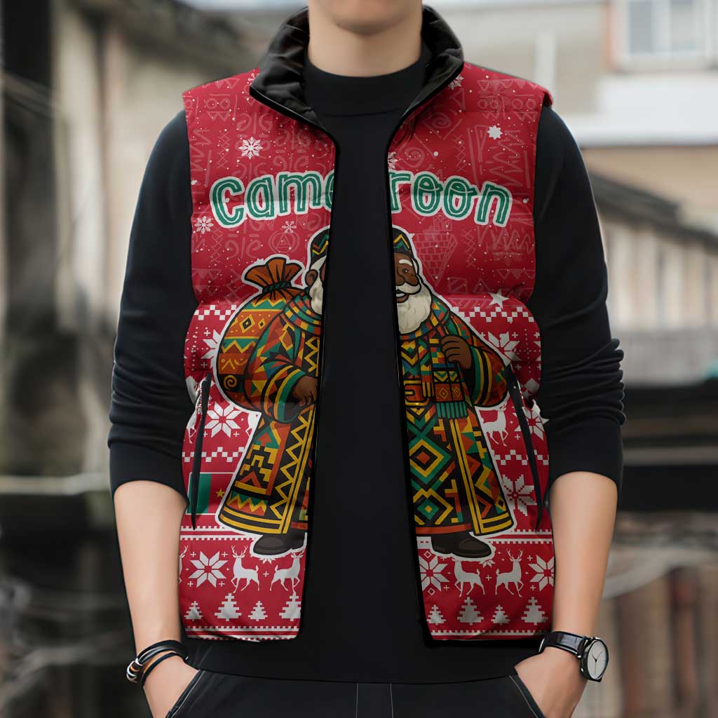 Cameroon Christmas Sleeveless Puffer Jacket with Red Snowflake Pattern Traditional Santa and Map Motif - Wonder Print Shop