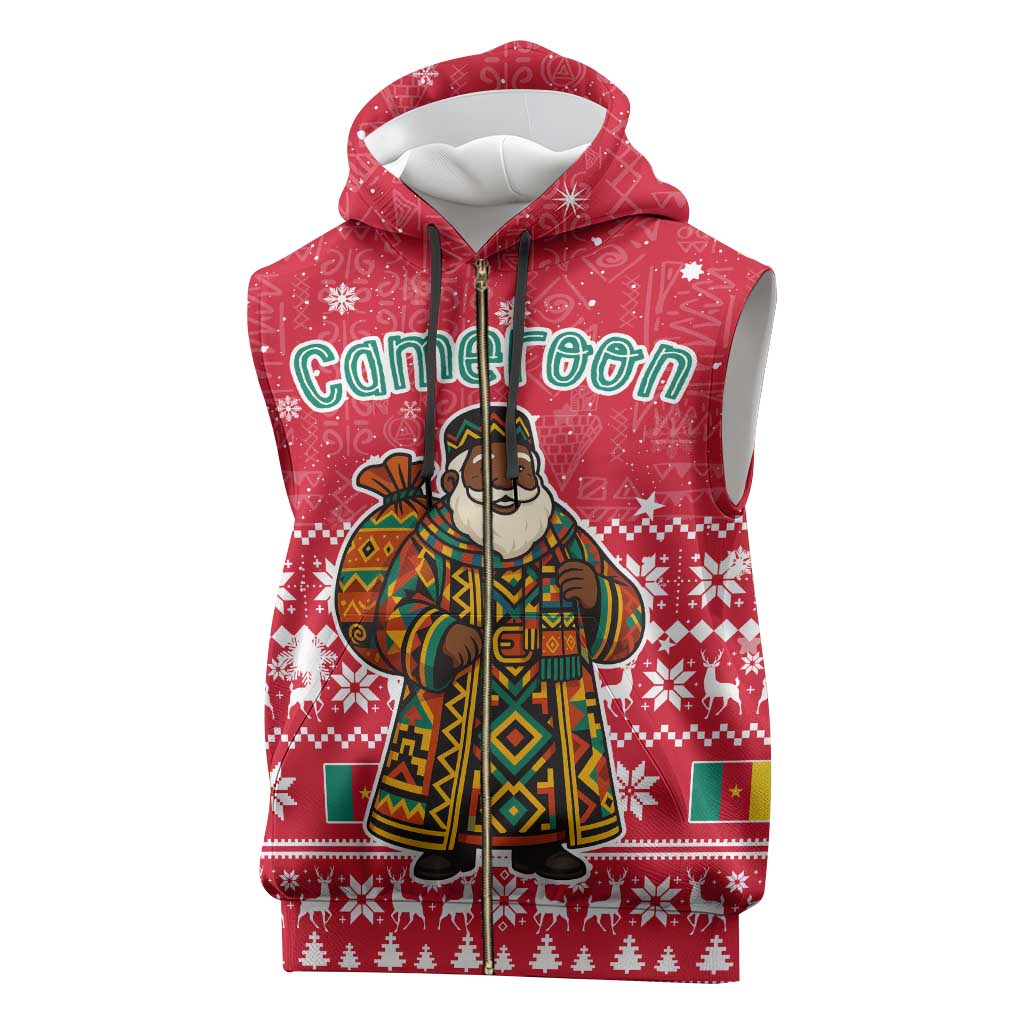 Cameroon Christmas Sleeveless Zip Hoodie with Red Snowflake Pattern Traditional Santa and Map Motif - Wonder Print Shop