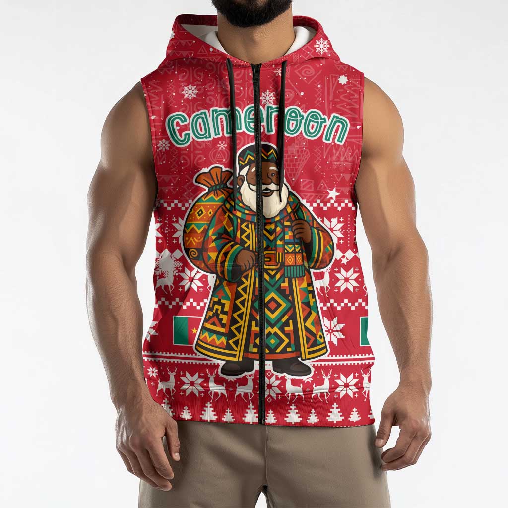 Cameroon Christmas Sleeveless Zip Hoodie with Red Snowflake Pattern Traditional Santa and Map Motif - Wonder Print Shop