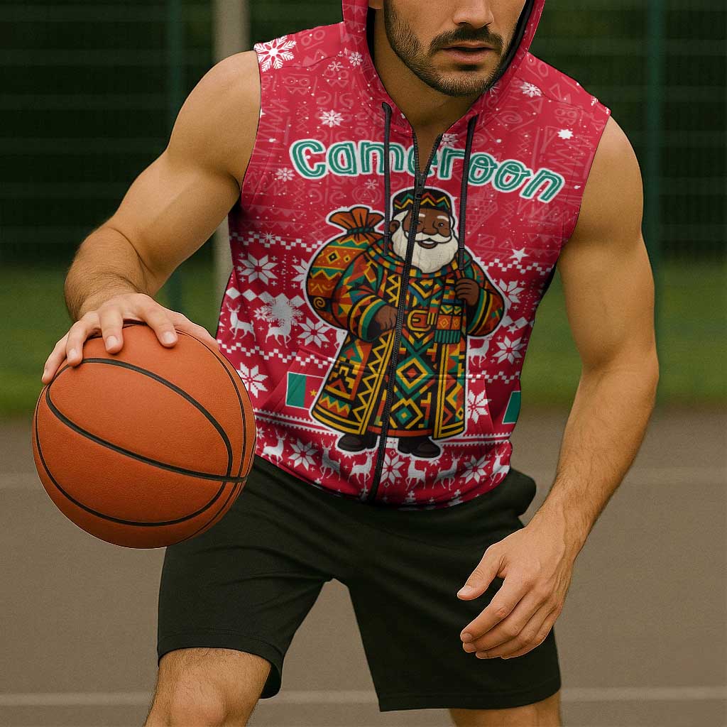 Cameroon Christmas Sleeveless Zip Hoodie with Red Snowflake Pattern Traditional Santa and Map Motif - Wonder Print Shop