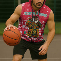 Cameroon Christmas Sleeveless Zip Hoodie with Red Snowflake Pattern Traditional Santa and Map Motif - Wonder Print Shop