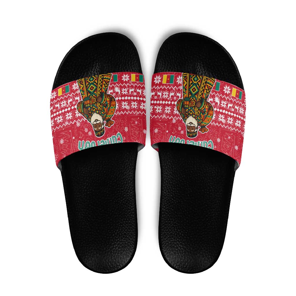 Cameroon Christmas Slide Sandals with Red Snowflake Pattern Traditional Santa and Map Motif - Wonder Print Shop