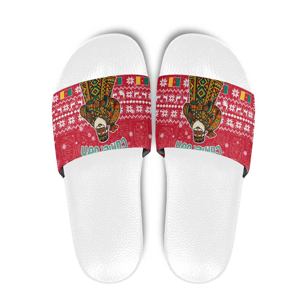 Cameroon Christmas Slide Sandals with Red Snowflake Pattern Traditional Santa and Map Motif - Wonder Print Shop