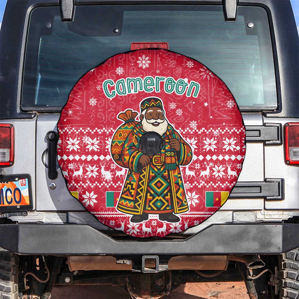 Cameroon Christmas Spare Tire Cover with Red Snowflake Pattern Traditional Santa and Map Motif - Wonder Print Shop