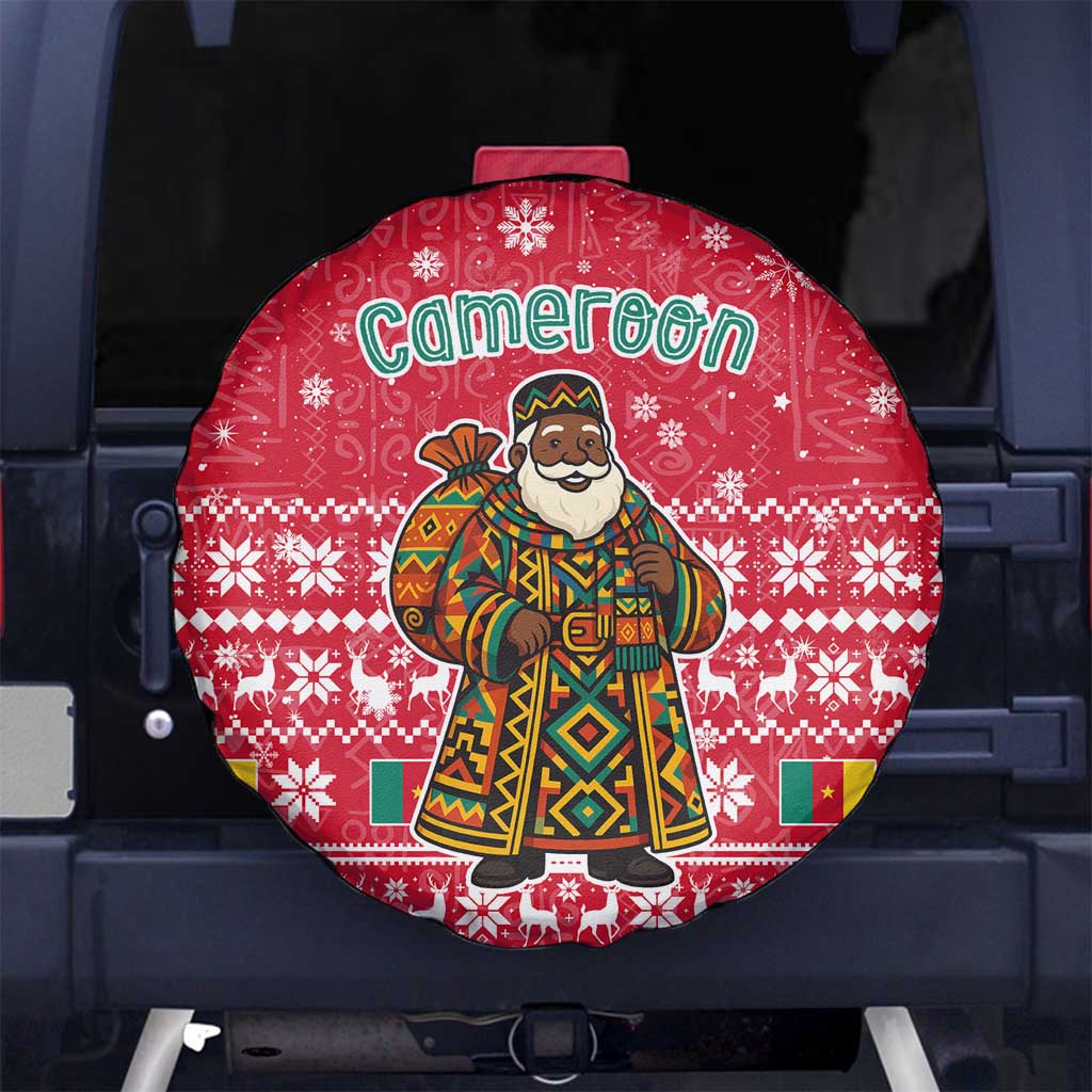 Cameroon Christmas Spare Tire Cover with Red Snowflake Pattern Traditional Santa and Map Motif - Wonder Print Shop