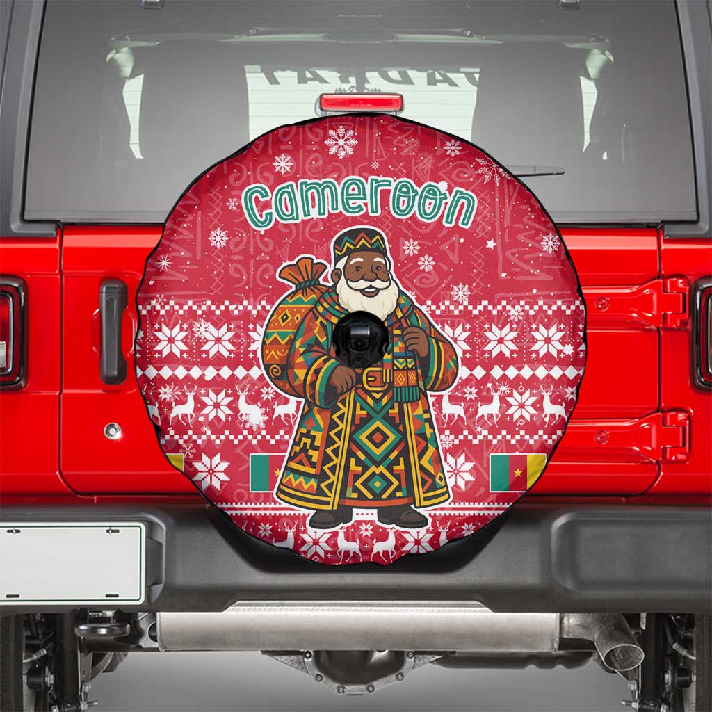 Cameroon Christmas Spare Tire Cover with Red Snowflake Pattern Traditional Santa and Map Motif - Wonder Print Shop