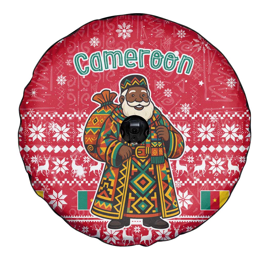 Cameroon Christmas Spare Tire Cover with Red Snowflake Pattern Traditional Santa and Map Motif - Wonder Print Shop