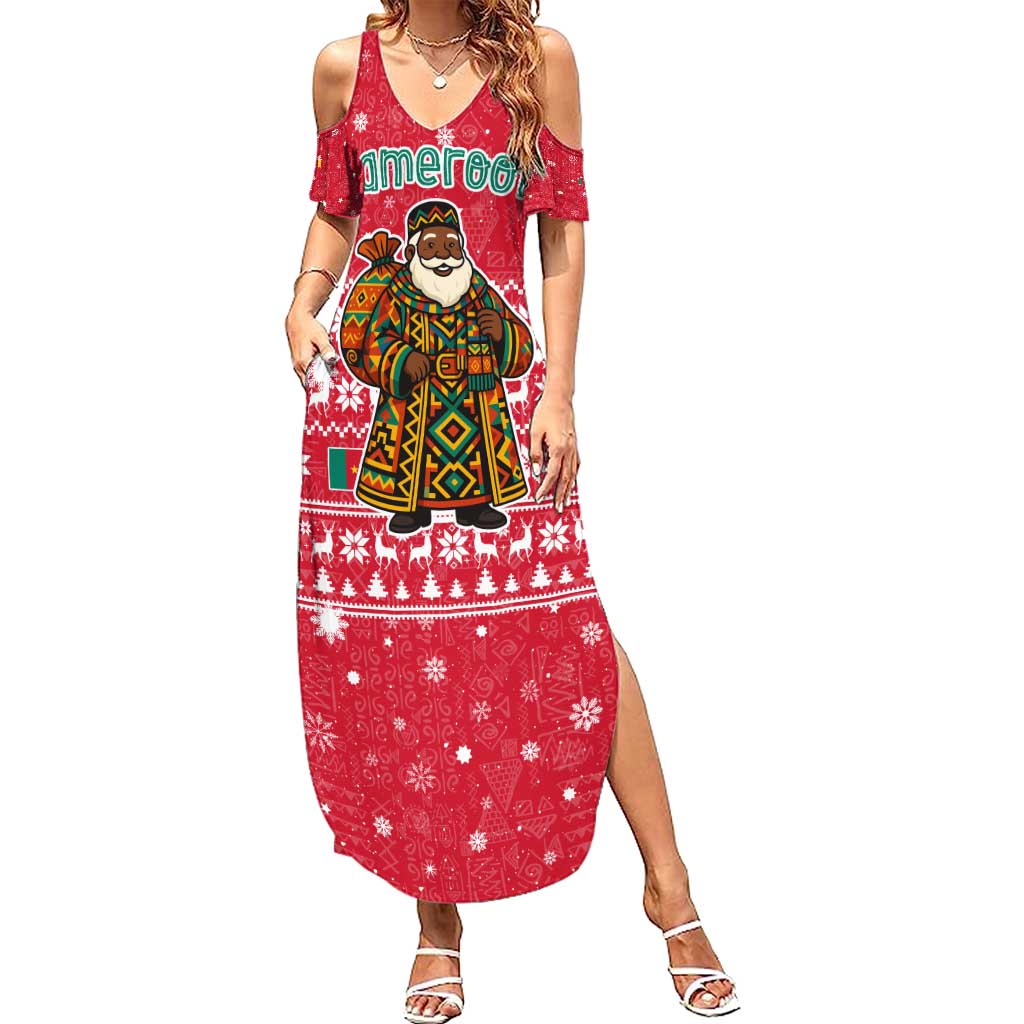 Cameroon Christmas Summer Maxi Dress with Red Snowflake Pattern Traditional Santa and Map Motif - Wonder Print Shop