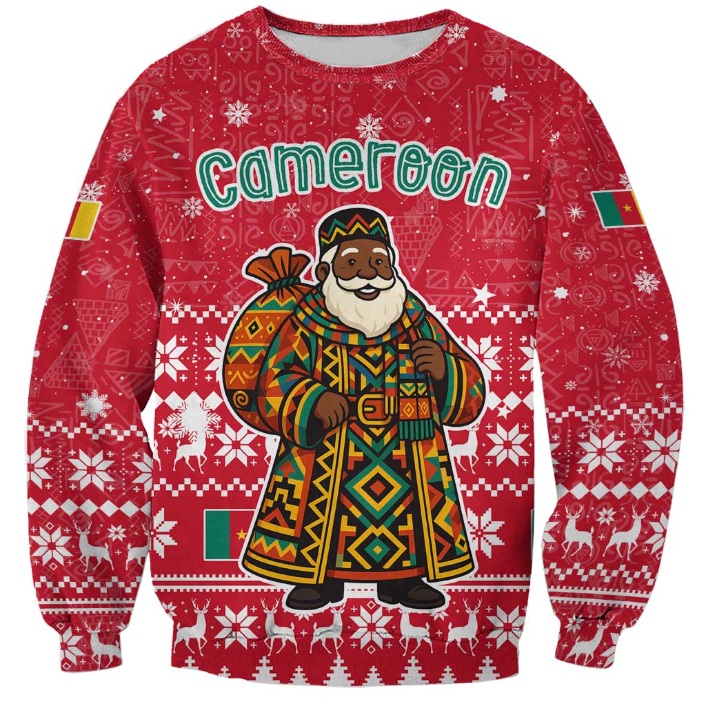 Cameroon Christmas Sweatshirt with Red Snowflake Pattern Traditional Santa and Map Motif - Wonder Print Shop
