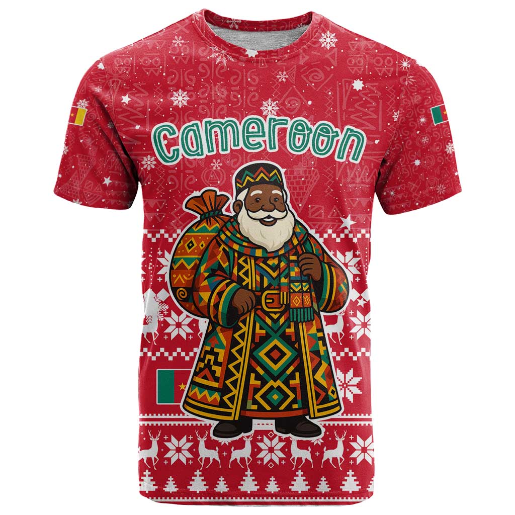 Cameroon Christmas T Shirt with Red Snowflake Pattern Traditional Santa and Map Motif - Wonder Print Shop