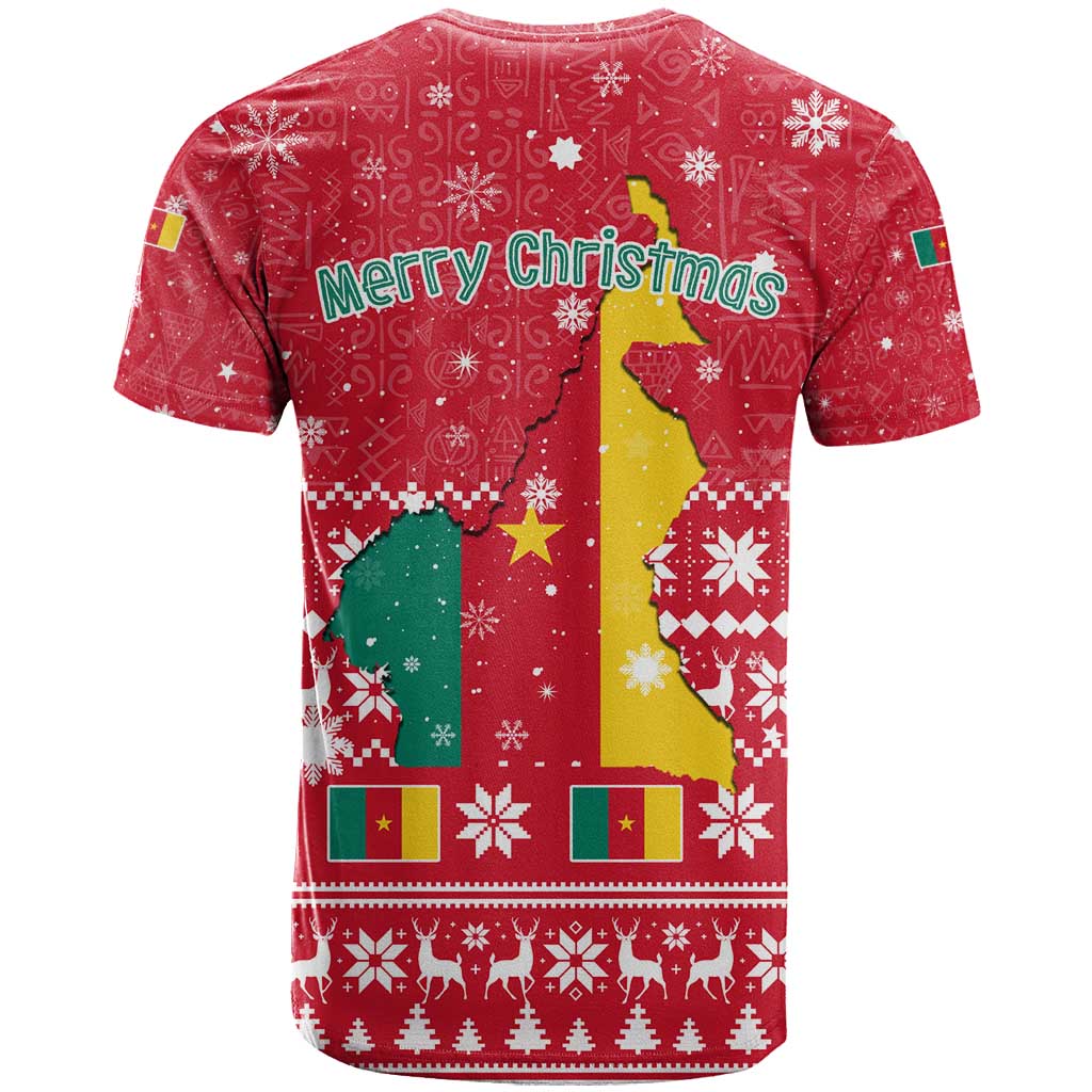 Cameroon Christmas T Shirt with Red Snowflake Pattern Traditional Santa and Map Motif - Wonder Print Shop