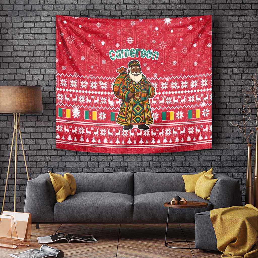 Cameroon Christmas Tapestry with Red Snowflake Pattern Traditional Santa and Map Motif - Wonder Print Shop