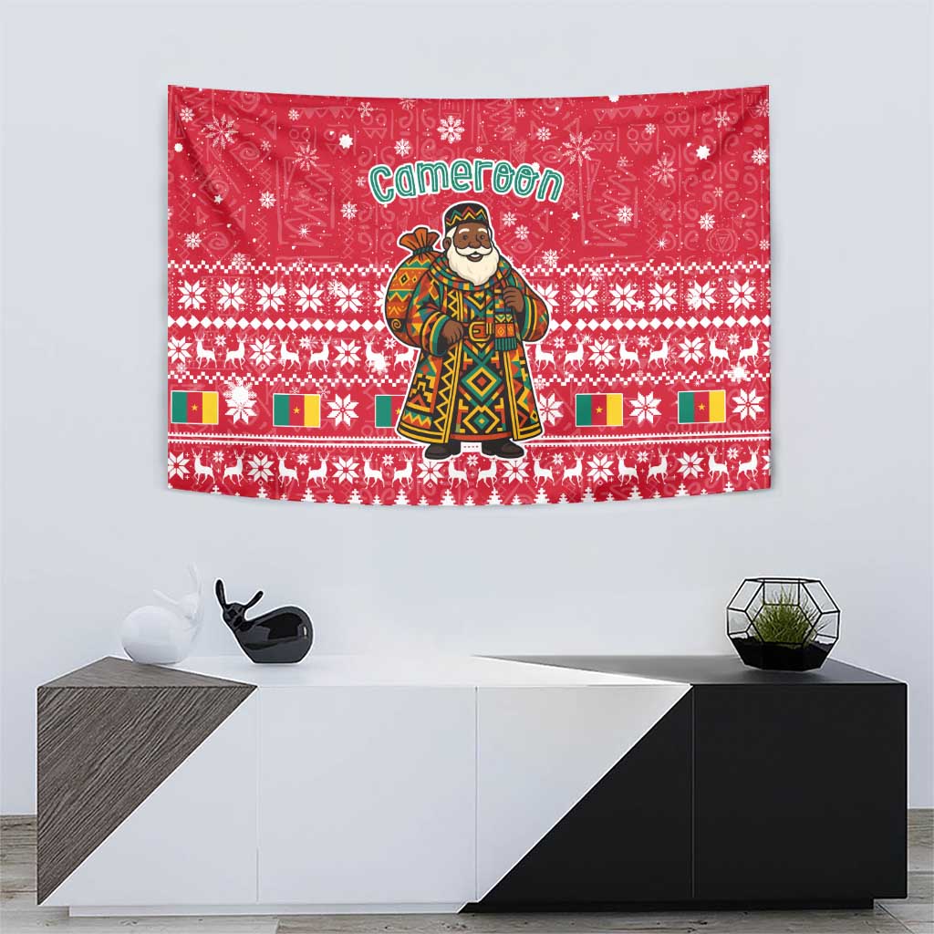 Cameroon Christmas Tapestry with Red Snowflake Pattern Traditional Santa and Map Motif - Wonder Print Shop