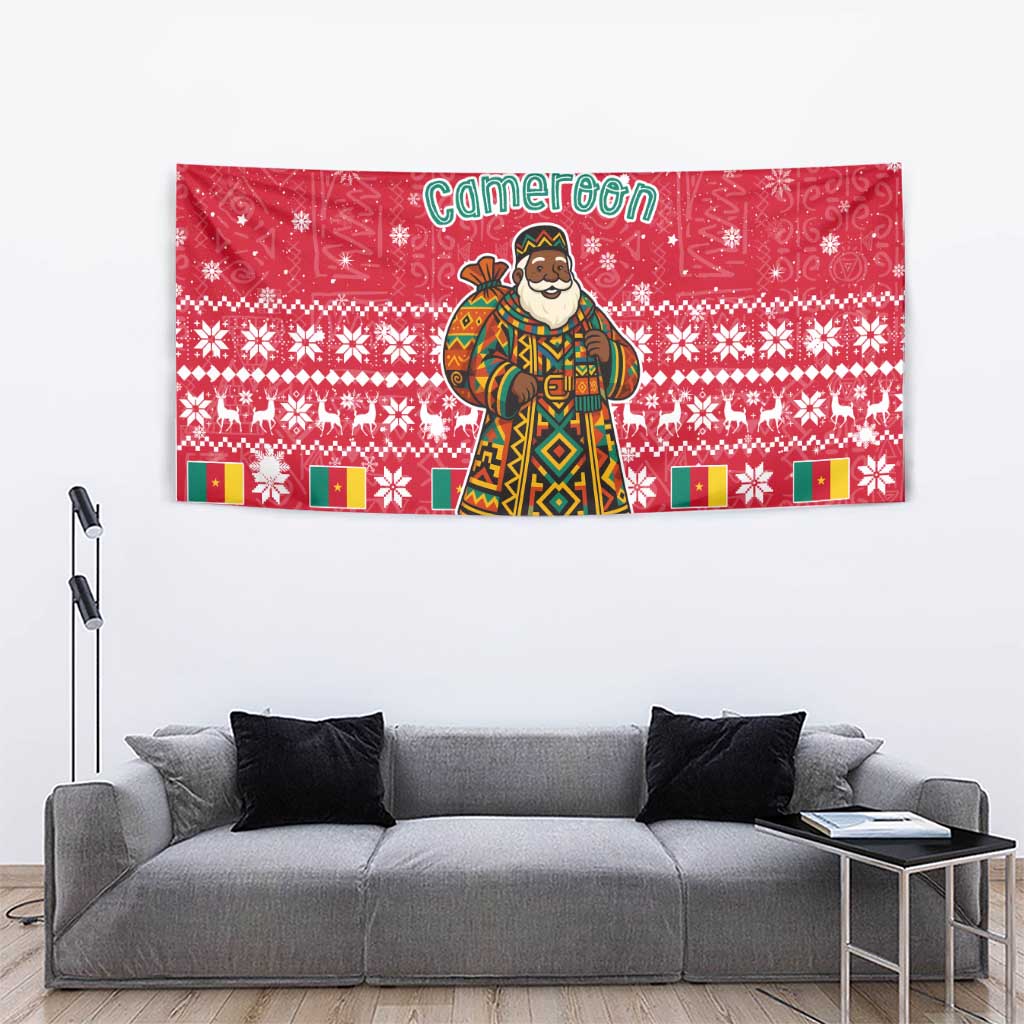 Cameroon Christmas Tapestry with Red Snowflake Pattern Traditional Santa and Map Motif - Wonder Print Shop