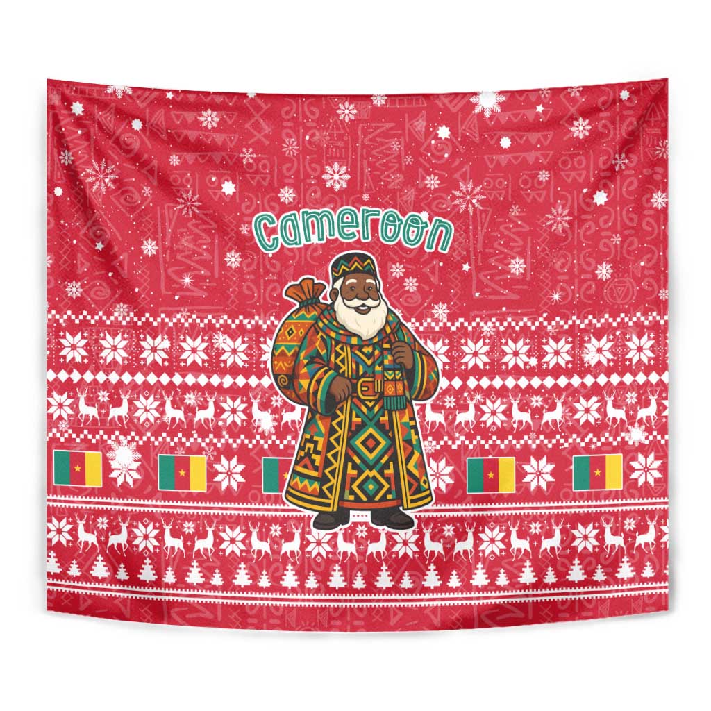 Cameroon Christmas Tapestry with Red Snowflake Pattern Traditional Santa and Map Motif - Wonder Print Shop