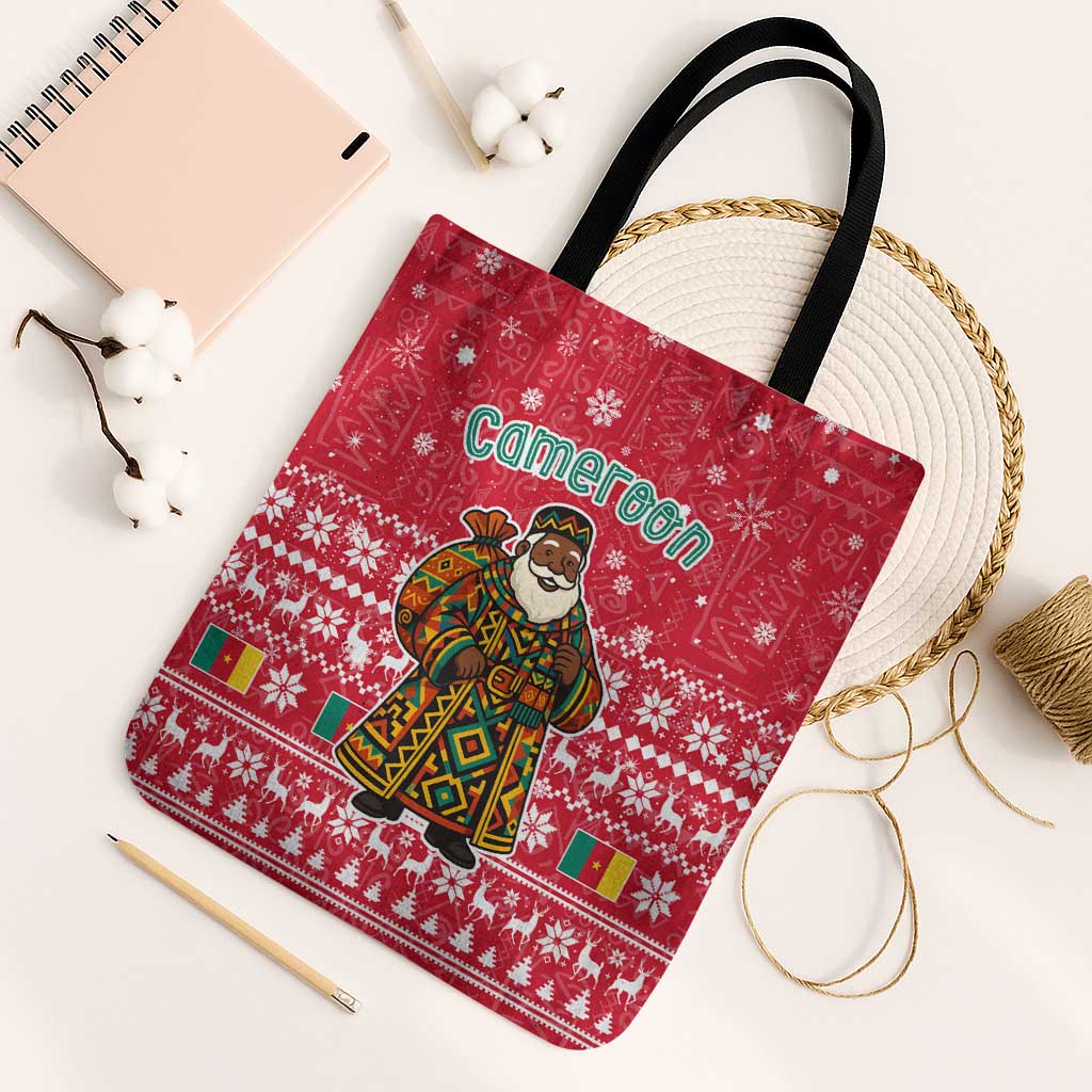 Cameroon Christmas Tote Bag with Red Snowflake Pattern Traditional Santa and Map Motif - Wonder Print Shop