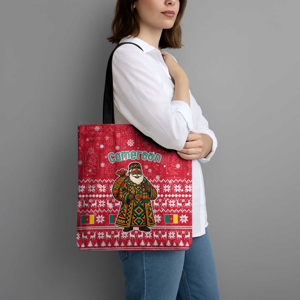 Cameroon Christmas Tote Bag with Red Snowflake Pattern Traditional Santa and Map Motif - Wonder Print Shop