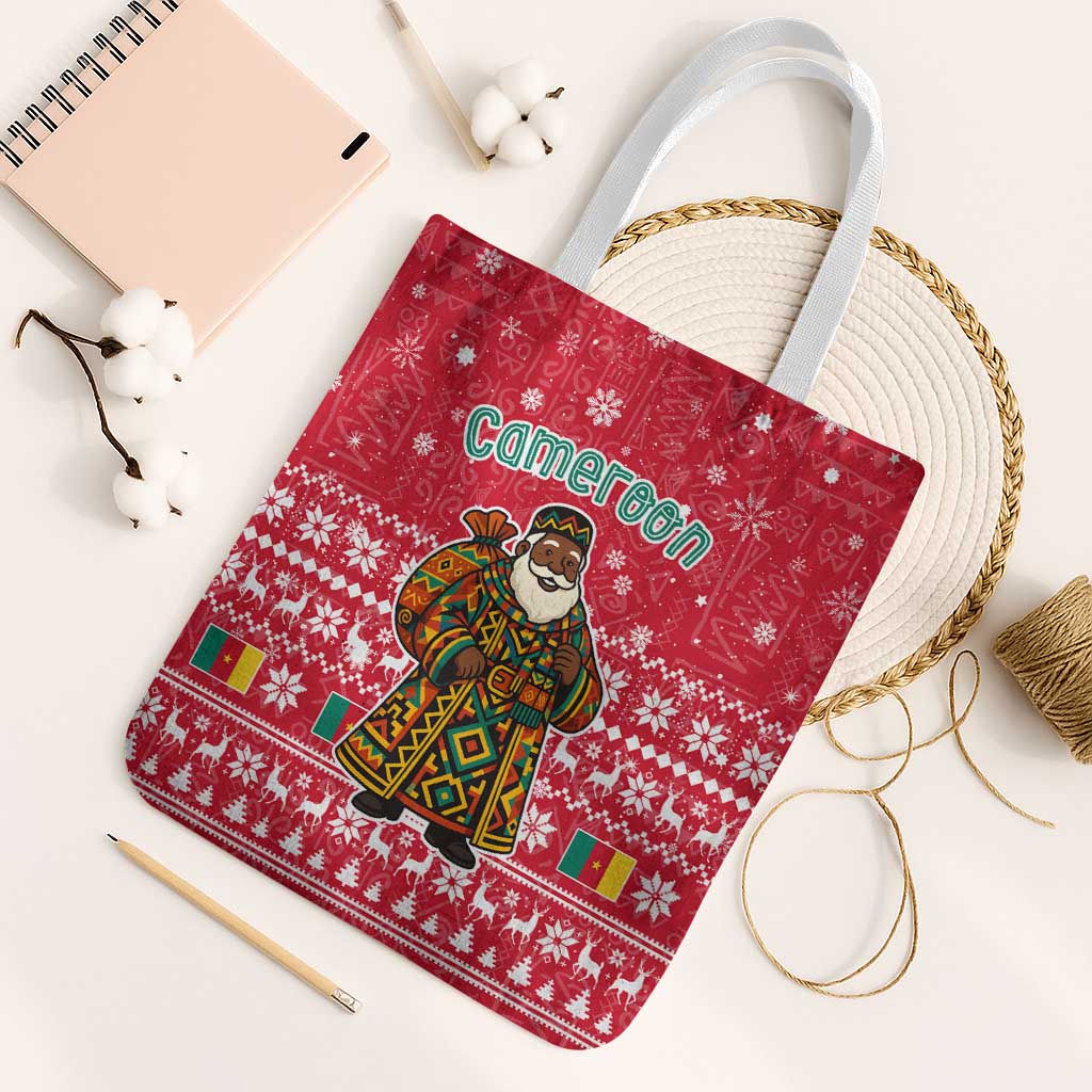 Cameroon Christmas Tote Bag with Red Snowflake Pattern Traditional Santa and Map Motif - Wonder Print Shop