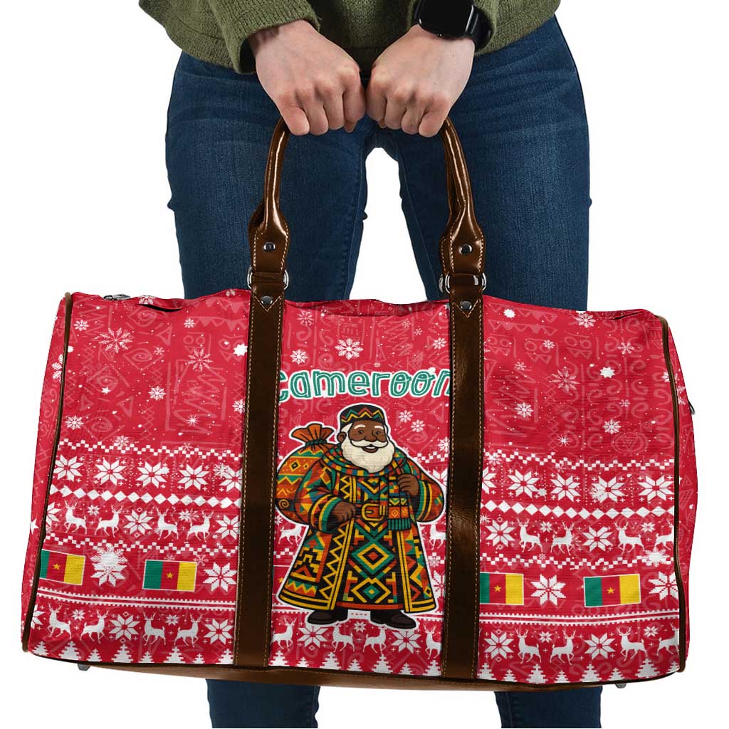 Cameroon Christmas Travel Bag with Red Snowflake Pattern Traditional Santa and Map Motif - Wonder Print Shop