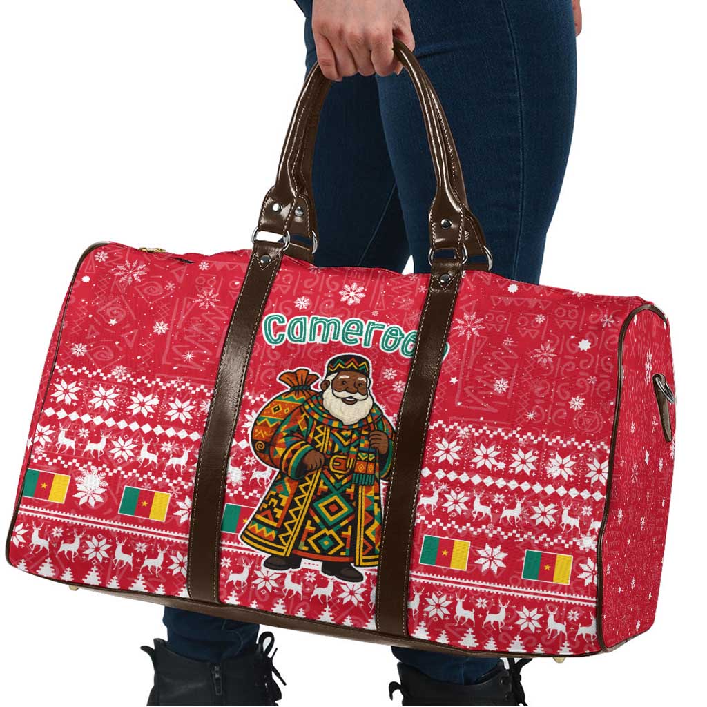 Cameroon Christmas Travel Bag with Red Snowflake Pattern Traditional Santa and Map Motif - Wonder Print Shop