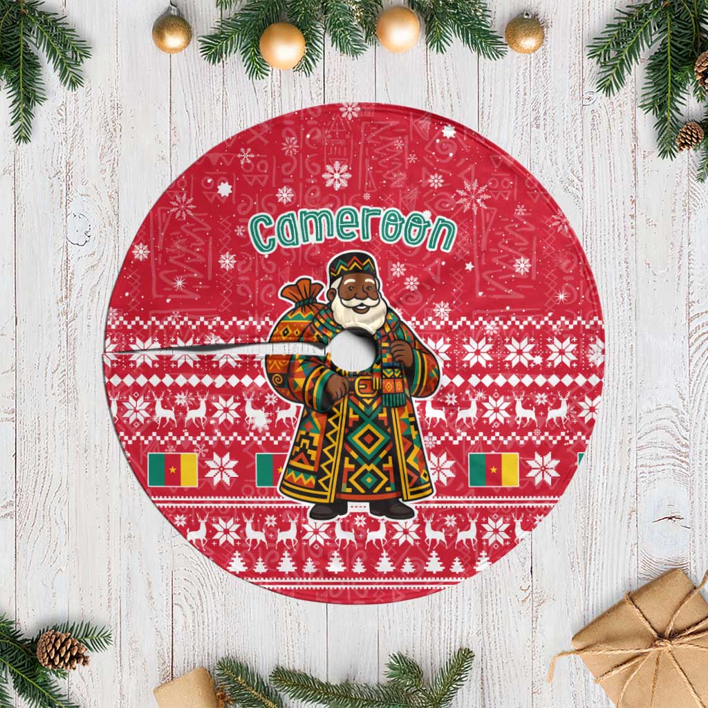 Cameroon Christmas Tree Skirt with Red Snowflake Pattern Traditional Santa and Map Motif - Wonder Print Shop