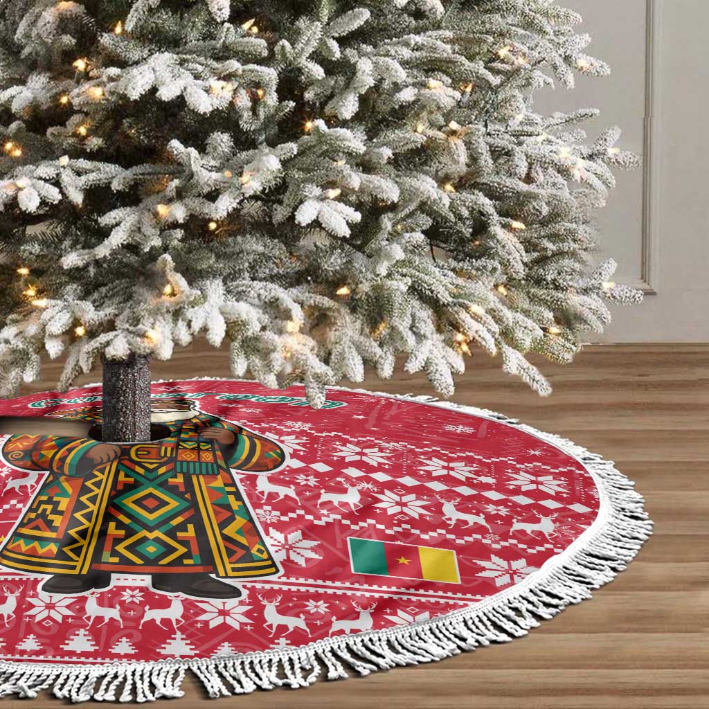 Cameroon Christmas Tree Skirt with Red Snowflake Pattern Traditional Santa and Map Motif - Wonder Print Shop
