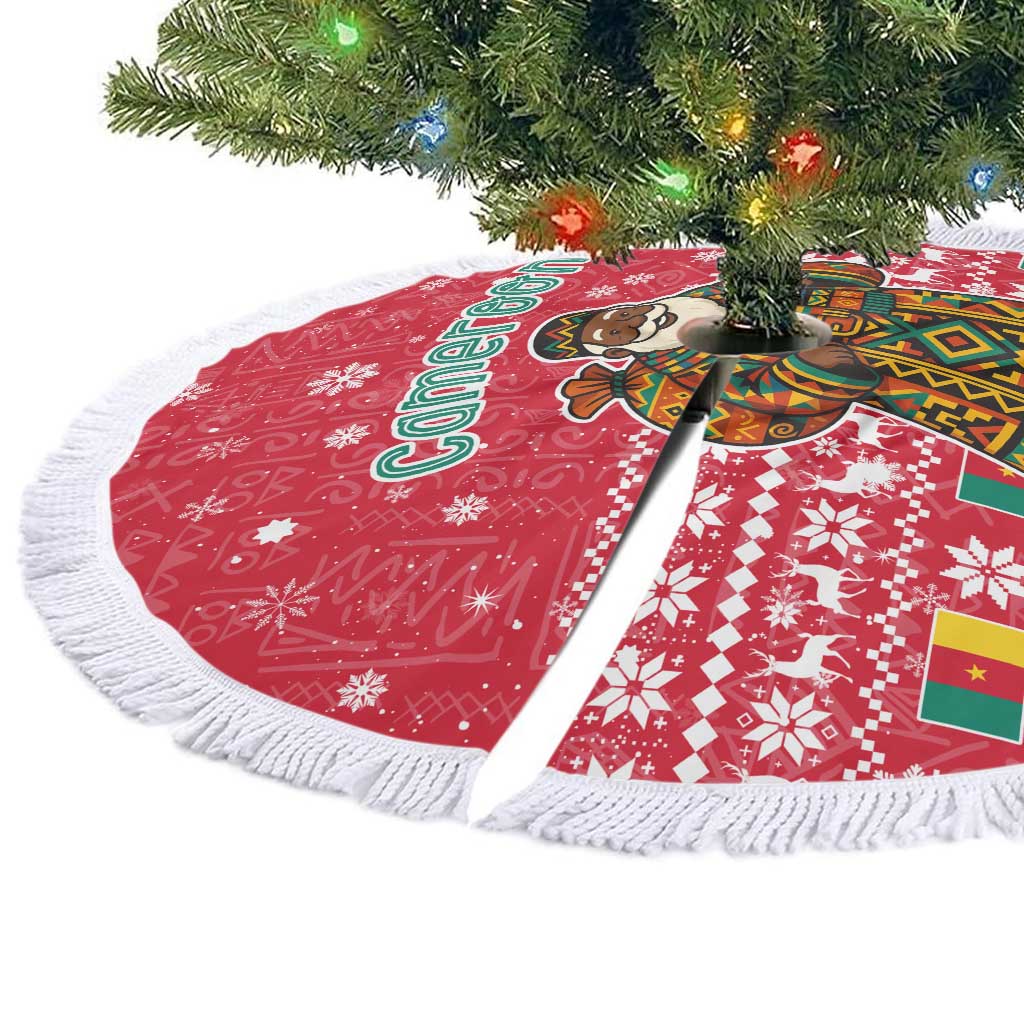 Cameroon Christmas Tree Skirt with Red Snowflake Pattern Traditional Santa and Map Motif - Wonder Print Shop