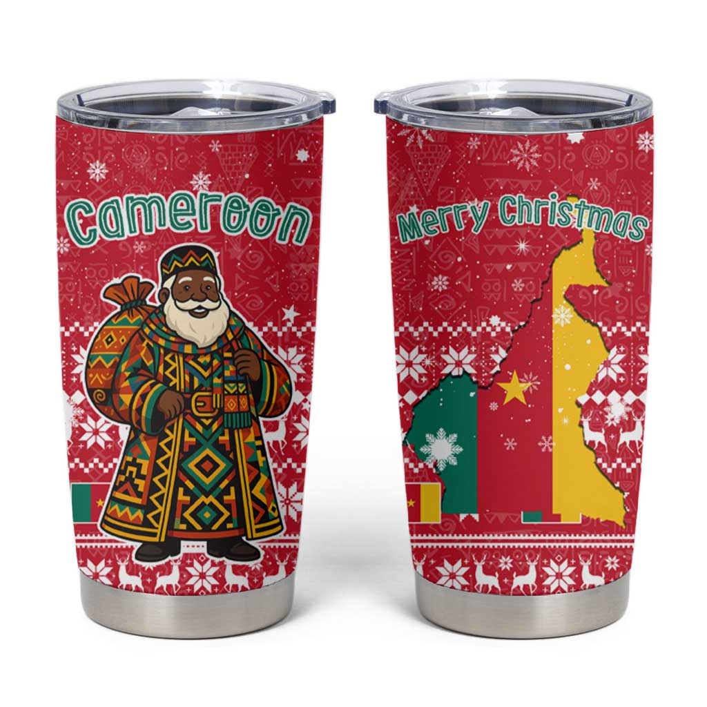 Cameroon Christmas Tumbler Cup with Red Snowflake Pattern Traditional Santa and Map Motif - Wonder Print Shop