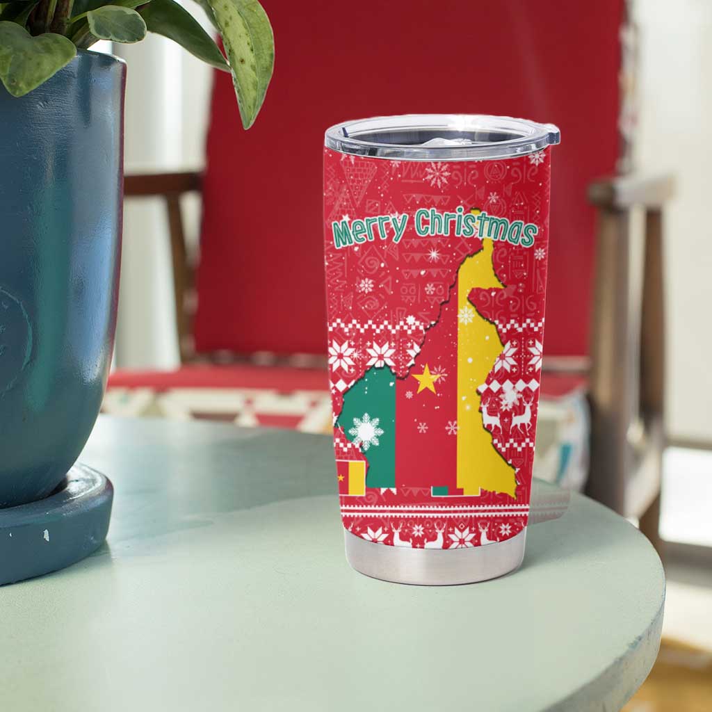 Cameroon Christmas Tumbler Cup with Red Snowflake Pattern Traditional Santa and Map Motif - Wonder Print Shop