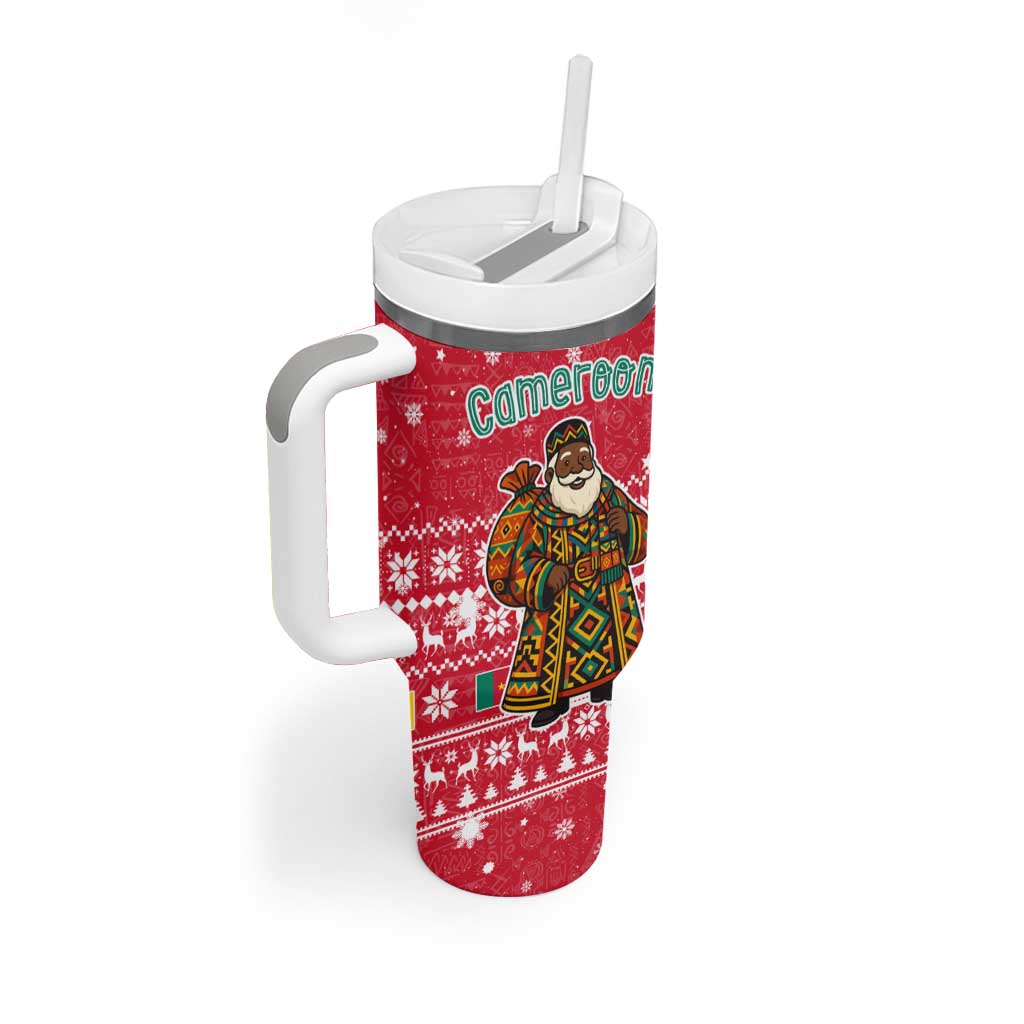 Cameroon Christmas Tumbler With Handle with Red Snowflake Pattern Traditional Santa and Map Motif - Wonder Print Shop