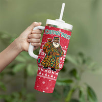 Cameroon Christmas Tumbler With Handle with Red Snowflake Pattern Traditional Santa and Map Motif - Wonder Print Shop