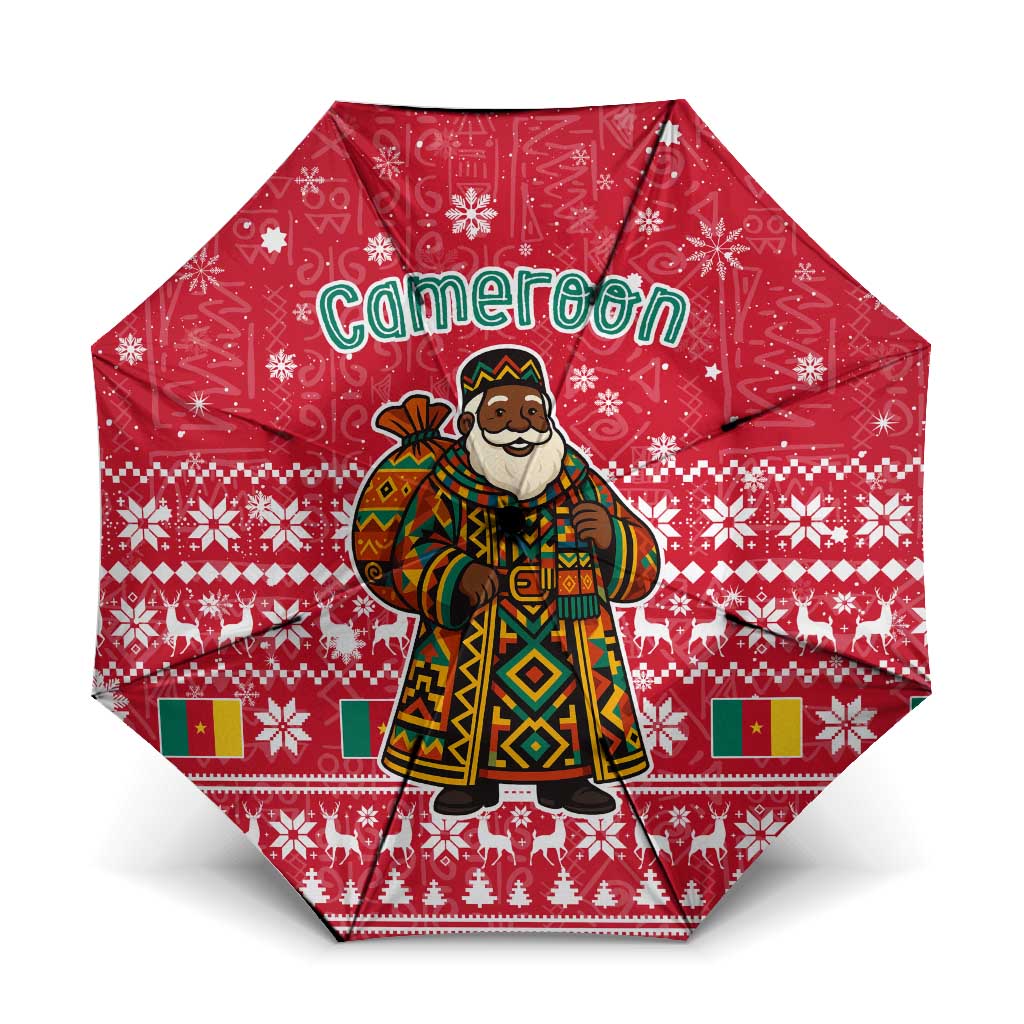 Cameroon Christmas Umbrella with Red Snowflake Pattern Traditional Santa and Map Motif - Wonder Print Shop