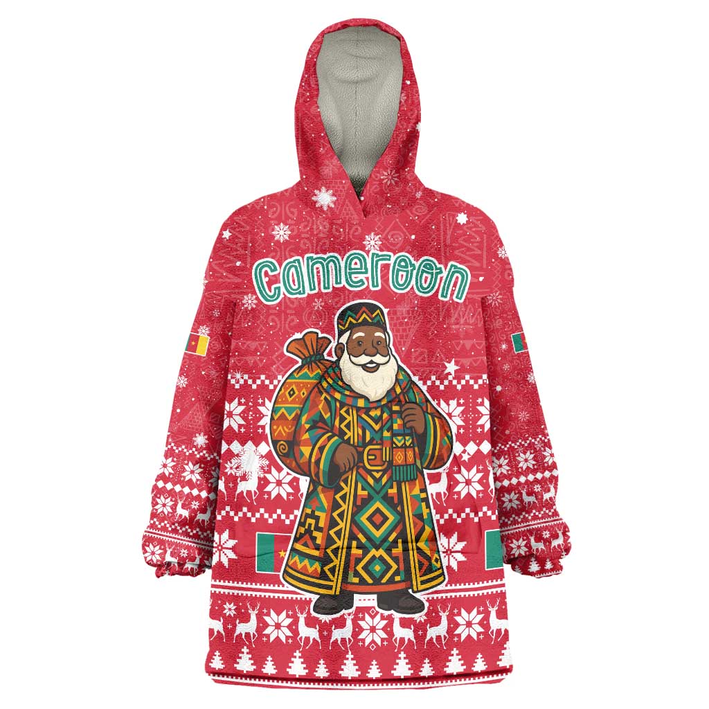 Cameroon Christmas Wearable Blanket Hoodie with Red Snowflake Pattern Traditional Santa and Map Motif - Wonder Print Shop