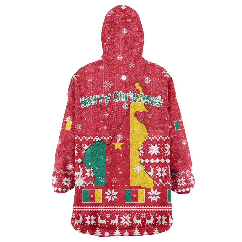 Cameroon Christmas Wearable Blanket Hoodie with Red Snowflake Pattern Traditional Santa and Map Motif - Wonder Print Shop