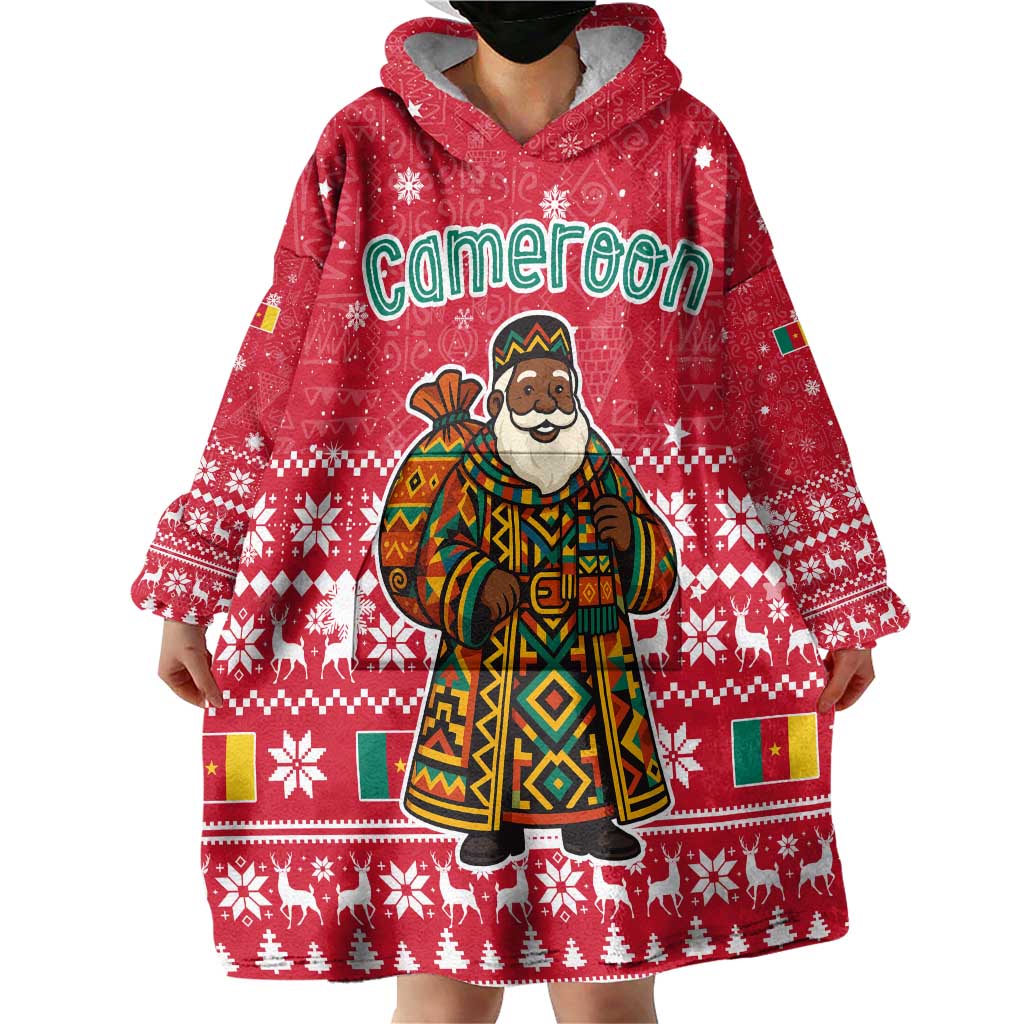 Cameroon Christmas Wearable Blanket Hoodie with Red Snowflake Pattern Traditional Santa and Map Motif - Wonder Print Shop