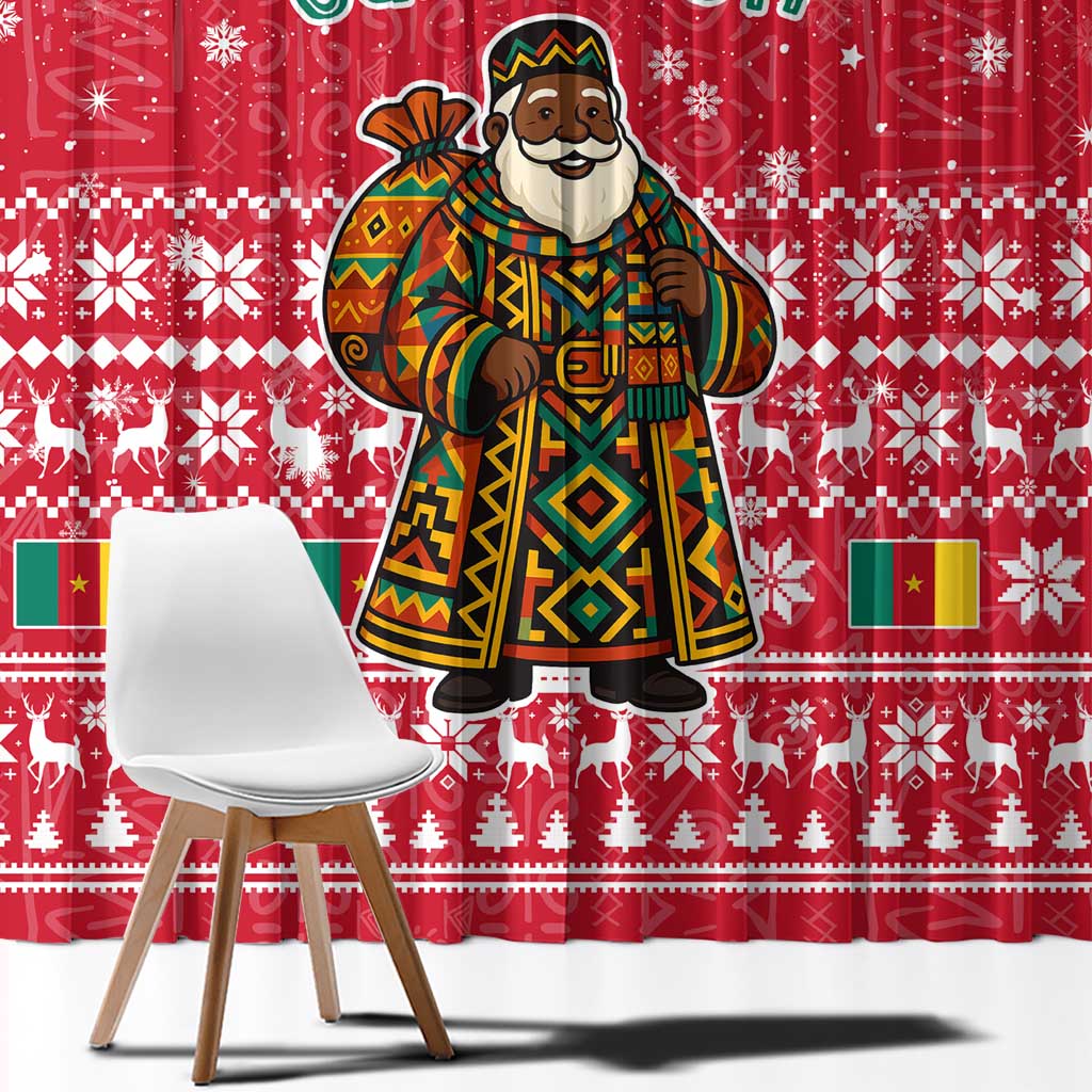 Cameroon Christmas Window Curtain with Red Snowflake Pattern Traditional Santa and Map Motif - Wonder Print Shop