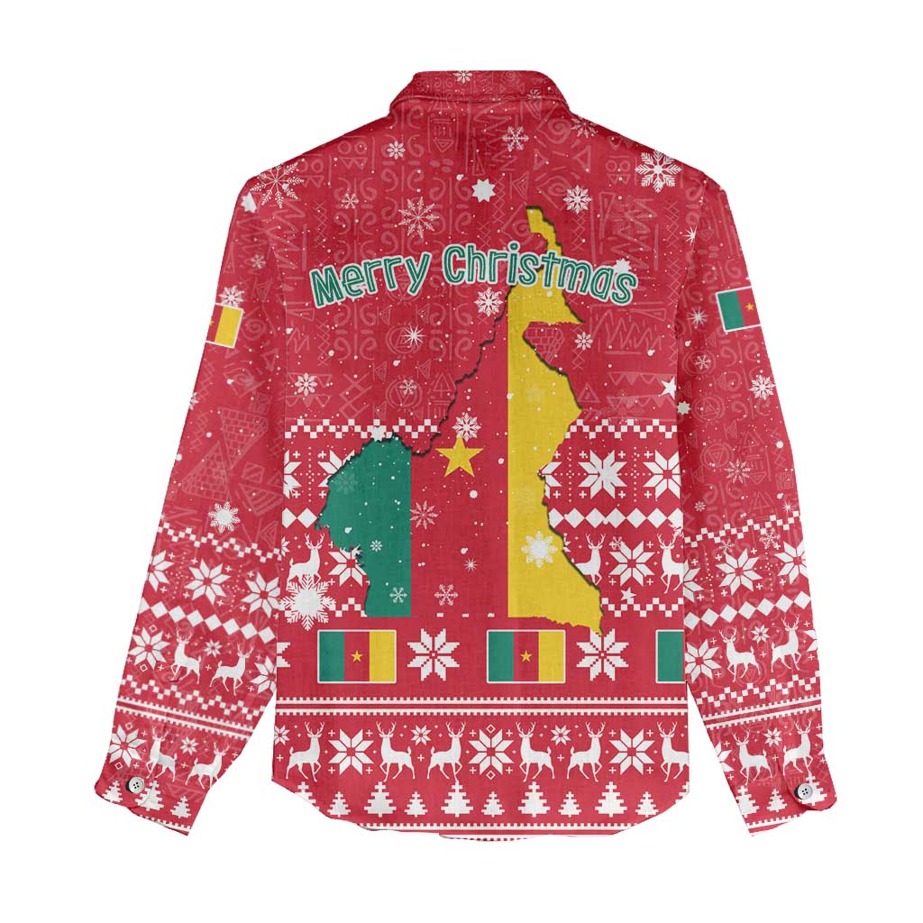 Cameroon Christmas Women Casual Shirt with Red Snowflake Pattern Traditional Santa and Map Motif - Wonder Print Shop