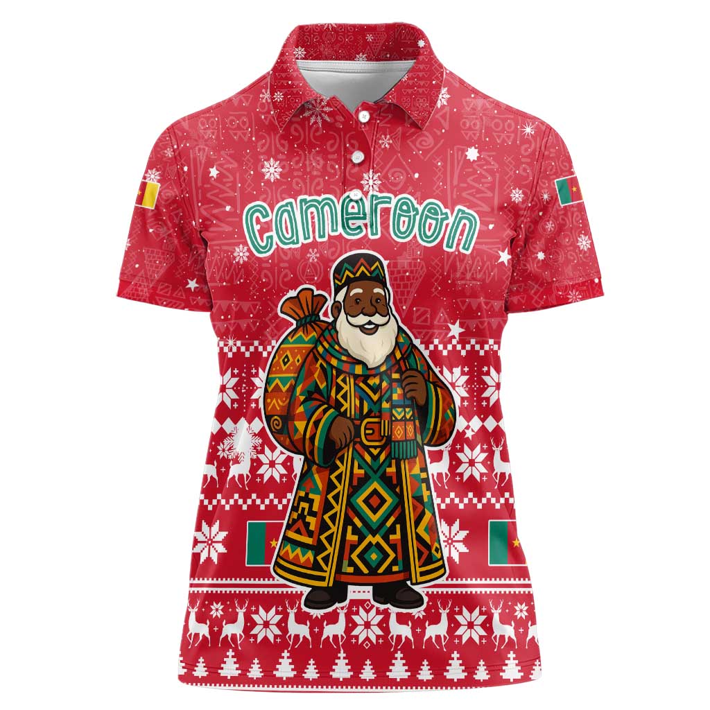 Cameroon Christmas Women Polo Shirt with Red Snowflake Pattern Traditional Santa and Map Motif - Wonder Print Shop