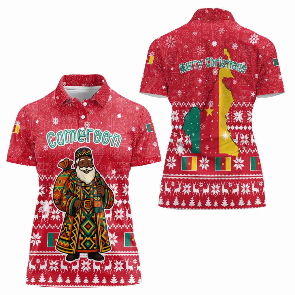 Cameroon Christmas Women Polo Shirt with Red Snowflake Pattern Traditional Santa and Map Motif - Wonder Print Shop