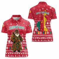 Cameroon Christmas Women Polo Shirt with Red Snowflake Pattern Traditional Santa and Map Motif - Wonder Print Shop