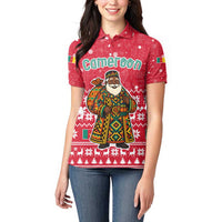 Cameroon Christmas Women Polo Shirt with Red Snowflake Pattern Traditional Santa and Map Motif - Wonder Print Shop