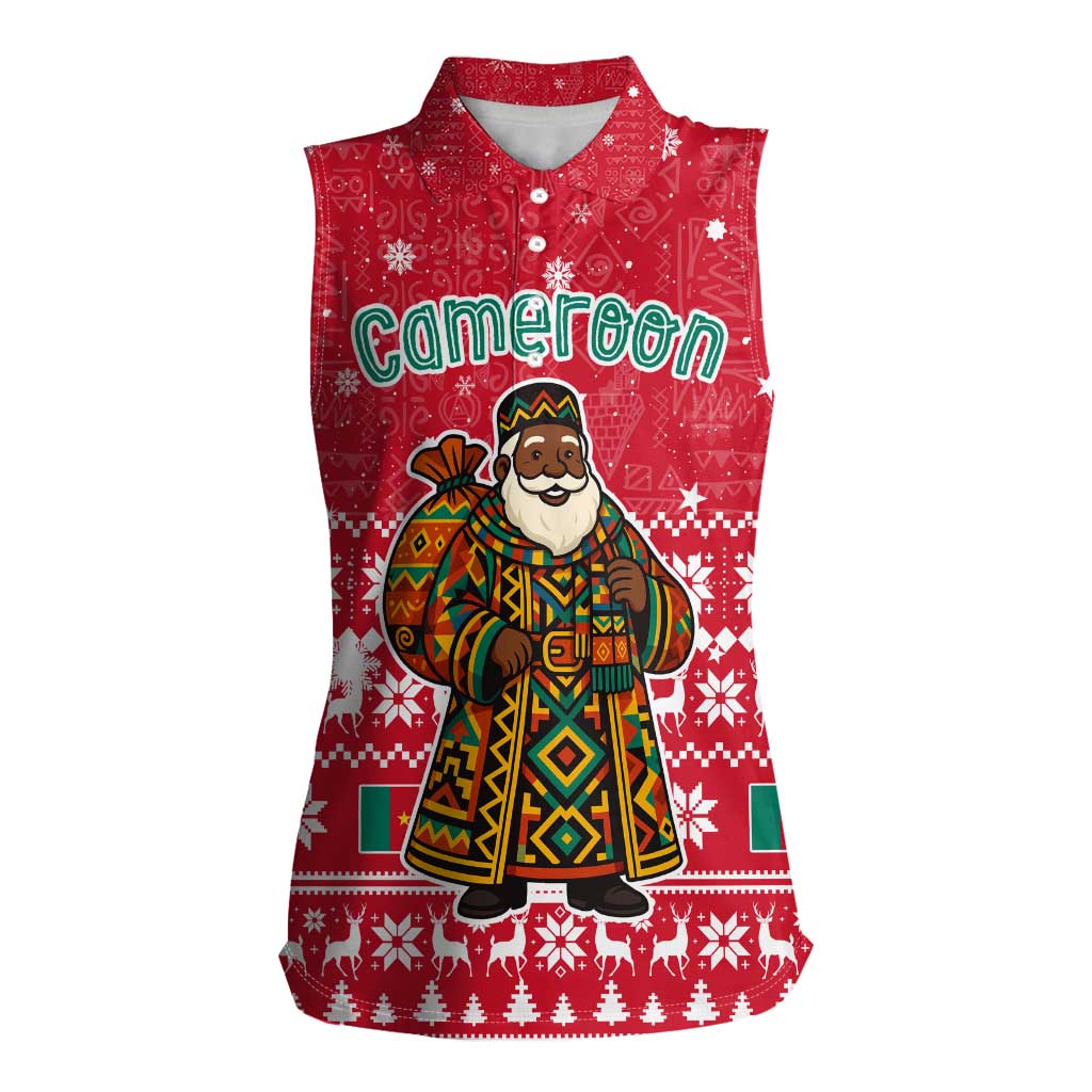 Cameroon Christmas Women Sleeveless Polo Shirt with Red Snowflake Pattern Traditional Santa and Map Motif - Wonder Print Shop